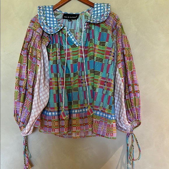 Rue de la lune  Plaid Blouse with Ruffled Collar - Picture 1 of 4